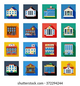 Government buildings flat icons set in colorful isolated squares with bank tax school church flat vector illustration 