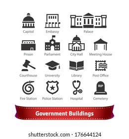 Government Buildings Icon Set. For Use With Maps And Internet Services Interfaces.