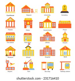 Government buildings icons set in flat design style, vector illustration. Includes school, hospital, police, fire station, courthouse, daycare, university, airport, railway station etc.  