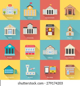 Government buildings icons set with long shadow. Includes church, school, police, museum, library, theater, airport, bank isolated, vector illustration