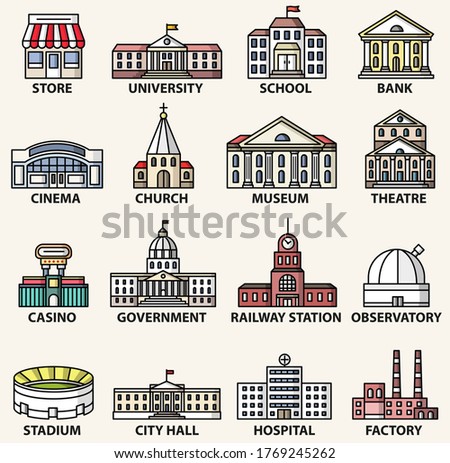 Government buildings icons set. Vector isolated colorful flat style illustrations
