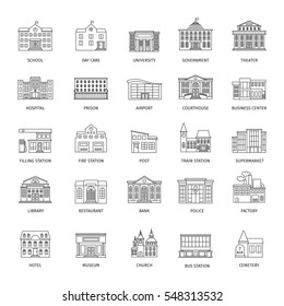 Government buildings line icons or urban municipal houses outline signs. Vector illustration