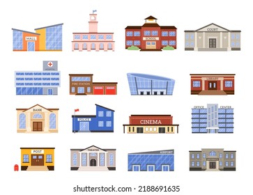 Government buildings. Municipal library, hospital and post office building. Fire and police station, court and university vector Illustration set. Entertaining, commercial and sport constructions