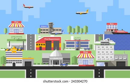 Government buildings with police station bank school and skyline background vector illustration