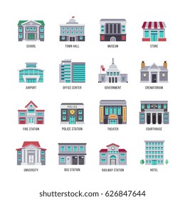 Government buildings vector flat icons set