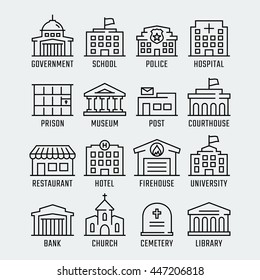 Government buildings vector icon set in thin line style