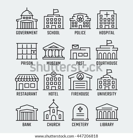 Government buildings vector icon set in thin line style