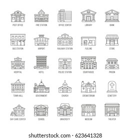 Government buildings vector thin line icons set