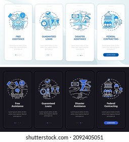 Government and business onboarding mobile app page screen. Startup walkthrough 4 steps graphic instructions with concepts. UI, UX, GUI vector template with linear night and day mode illustrations