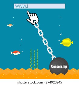 Government censorship, internet freedom, mouse cursor on a chain - isolated flat vector illustration.