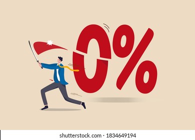 Government Central Bank, Federal Reserve, FED cut interest rate to be negative interest rates for economic stimulus in Coronavirus pandemic concept, businessman cut number 0 percent with his sword.