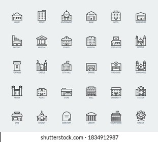 Government and City Buildings Vector Icon Set in Thin Line Style