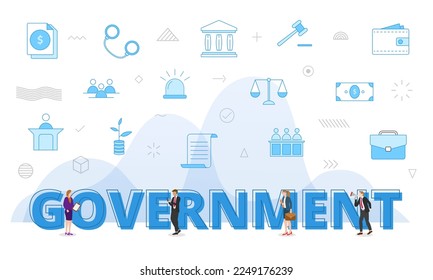 government concept with big words and people surrounded by related icon with blue color style