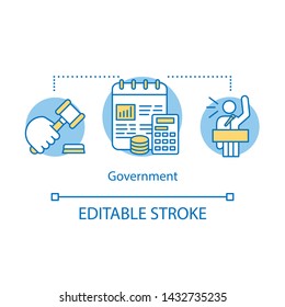 Government Concept Icon. Political System Idea Thin Line Illustration. Political Campaign. Government System. Economy, Budget. Order, Law. Vector Isolated Outline Drawing. Editable Stroke