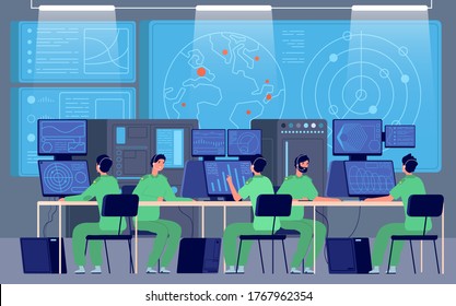 Government Control Center. Command Room, Engineers Controlling Military Mission. Security Station, Cybersecurity Department Vector Concept