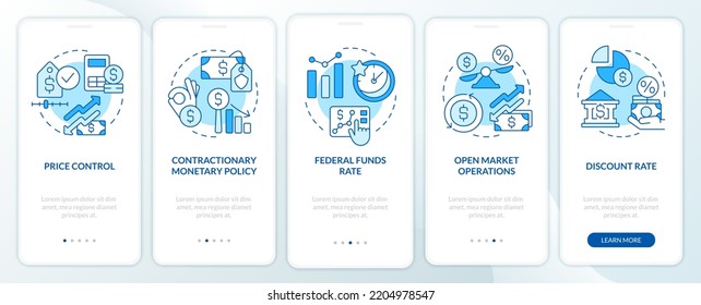 Government deals with inflation blue onboarding mobile app screen. Walkthrough 5 steps editable graphic instructions with linear concepts. UI, UX, GUI template. Myriad Pro-Bold, Regular fonts used