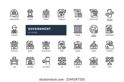 Government democracy official nation office duty detailed outline line icon set