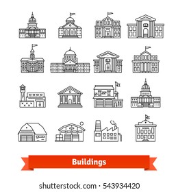 Government And Educational Public Building Set. Thin Line Art Icons. Linear Style Illustrations Isolated On White.