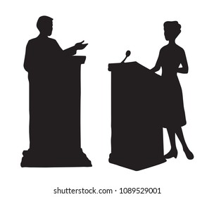 Government election candidate discussion talk oratory narrator isolated on white stage backdrop. Dark ink hand drawn picture logo in art retro graphic print style with space for text