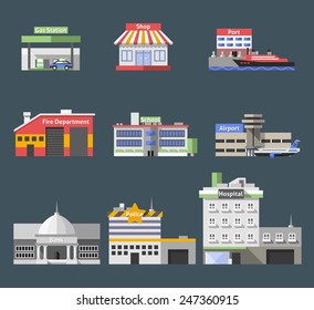 Government flat buildings decorative icons set with gas station shop port isolated vector illustration