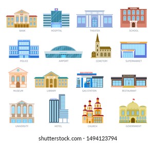 Government flat houses. Bank hospital school university airport police library church. Municipal city buildings exterior vector icons