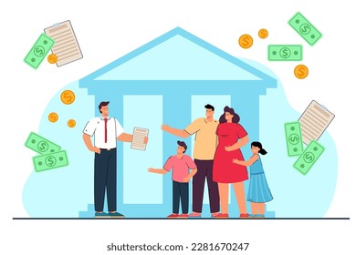 Government funding family with low-income vector illustration. Grants for poor families, bank building, happy parents with kids and worker. Family budget, finances, government support concept