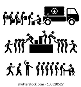 Government Helping Citizen Water Food Stock Supply Community Relief Support Stick Figure Pictogram Icon