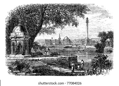 Government House ,  Ochterlony Monument, Calcutta, India, old engraved illustration of Government House  and  Ochterlony Monument, Calcutta, India, 1890s. Trousset encyclopedia.