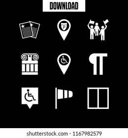 government icon. 9 government vector set. paragraph, pins disabled, police station pin and wind flag icons for web and design about government theme