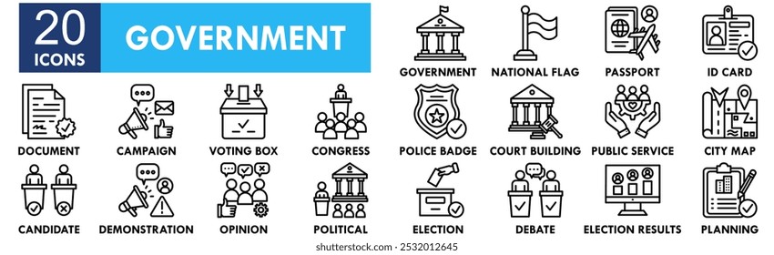 Sammlung von Regierungssymbolen. Enthaltend Design Regierung, Geschäft, Governance, Konzept, Politik, Innovation