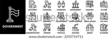 Government icon collection set. Containing design government, business, governance, concept, policy, innovation