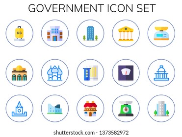 government icon set. 15 flat government icons.  Collection Of - scale, museum, building, kremlin, office building, courthouse, capitol, mansion