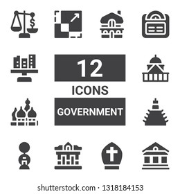 government icon set. Collection of 12 filled government icons included Museum, Pope, Building, Kremlin, Government, Scale, Mansion