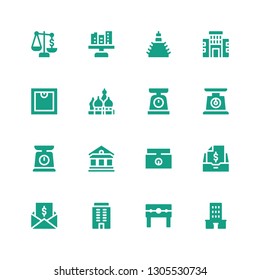 government icon set. Collection of 16 filled government icons included Building, Punishment, Taxes, Weighing scale, Museum, Scale, Kremlin