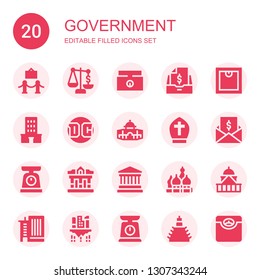 government icon set. Collection of 20 filled government icons included Museum, Scale, Weighing scale, Taxes, Building, Dc, Dome, Pope, Kremlin, Government, Office building