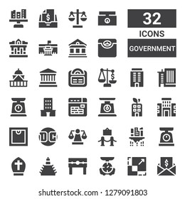 government icon set. Collection of 32 filled government icons included Taxes, Scale, Punishment, Building, Pope, Museum, Dc, Buildings, Office building, Government, Weighing scale