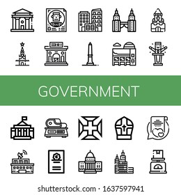 government icon set. Collection of Courthouse, Kremlin, Politician, Museum, Building, Washington monument,  twin tower, White house, Scale, Cicerone, Portugal cross icons