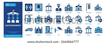 government icon set collection in solid glyph style. an icon pack contain toilet, atm, embassy, policeman, police station, school, post office, university, public library, court
