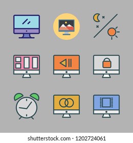 government icon set. vector set about alarm clock id, day and monitor icons set.