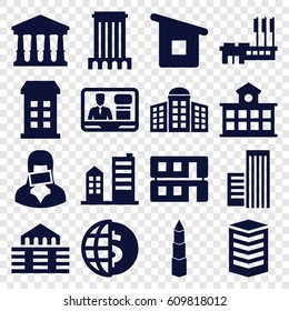 Government icons set. set of 16 government filled icons such as building, building   isolated  sign symbol, court, TV speaker, censored woman, house building