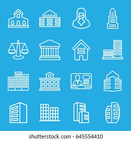 Government icons set. set of 16 government outline icons such as building, business center, tv speaker, censored woman, court building, builidng