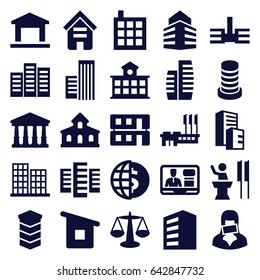 Government icons set. set of 25 government filled icons such as building, court, business center, tv speaker, censored woman, house building, speaker, scales