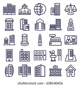 Government icons set. set of 25 government outline icons such as building, business center, tv speaker, house builidng, builidng, scales, speaker