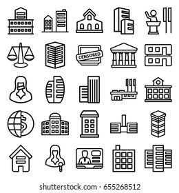 Government icons set. set of 25 government outline icons such as building, building   isolated  sign symbol, court, woman speaker, tv speaker, censored woman, censored