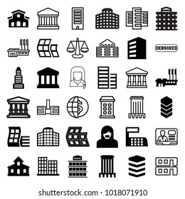 Government icons. set of 36 editable filled and outline government icons such as building, modern curved building, business center, court, scales, globe dollar, tv speaker