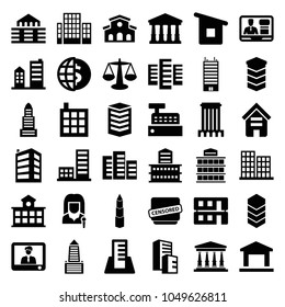 Government icons. set of 36 editable filled government icons such as building, court, business center, scales, globe dollar, tv speaker, censored, house building