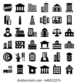 Government icons set. set of 36 government filled icons such as building, modern curved building, court, business center, tv speaker, censored woman, censored, speaker, scales