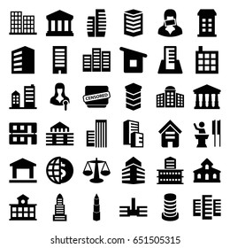 Government icons set. set of 36 government filled icons such as building, building   isolated  sign symbol, court, business center, woman speaker, censored woman, censored