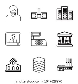 Government icons. set of 9 editable outline government icons such as building, building, court, tv speaker