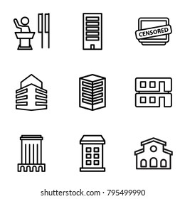 Government icons. set of 9 editable outline government icons such as building, censored, house builidng, builidng